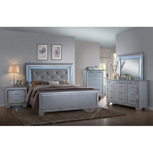 Rosdorf Park Ansley Silver LED Upholestered Bedroom Set Special Queen 6